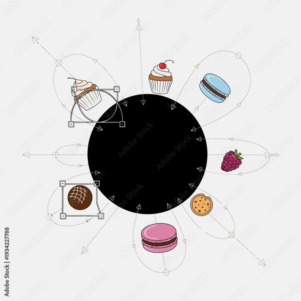 Obraz premium Dessert selection arranged around a central black circle, with design elements.