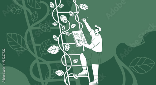 Artist Climbing Ladder to Draw Botanical Art with Green Leaves