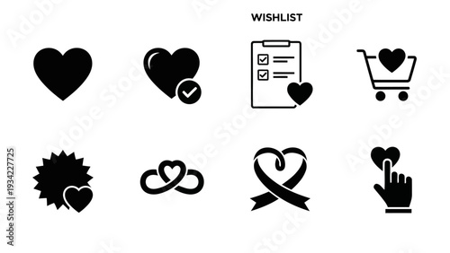 Flat Black Wishlist Favorite and Love Vector Icons EPS10 Stock.eps