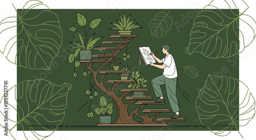 Artist climbing stairs with plants, drawing botanical illustration