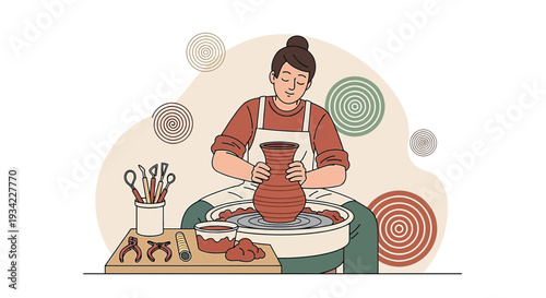 Artist crafting clay pottery on a wheel, handmade ceramics, hobby and craft illustration