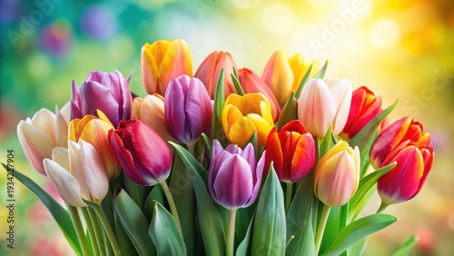 A vibrant bouquet of colorful tulips, showcasing a delightful array of hues and textures, bathed in soft sunlight against a blurred backdrop of spring colors.