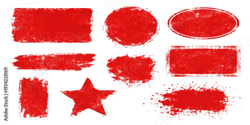 Vector collection of red, black, and white grunge paint strokes and ink splashes featuring watercolor textures and artistic heart shapes for decorative design elements