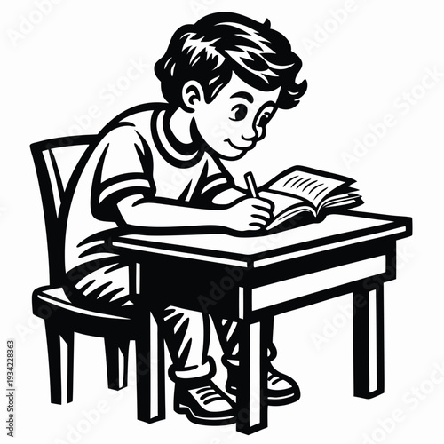 a boy study table woodcuts outline black and whit (1)