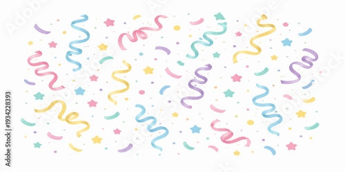 Colorful confetti and pink heart streamers create a festive birthday celebration pattern on an isolated white background vector illustration for party decoration and carnival holiday design