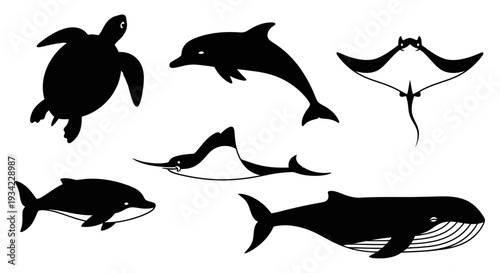 Ocean Animals Silhouettes Set: Dolphin, Whale, Sea Turtle, Manta Ray