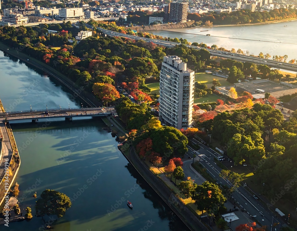 Obraz premium Aerial view of a cityscape with a river and bridge