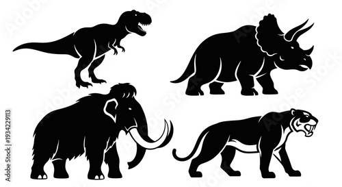 Prehistoric Animal Silhouettes Set: Tyrannosaurus, Triceratops, Mammoth, and Saber-toothed Tiger