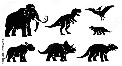 Prehistoric Animals and Dinosaurs Silhouettes Set: Mammoth, T-Rex, Triceratops, Pterodactyl