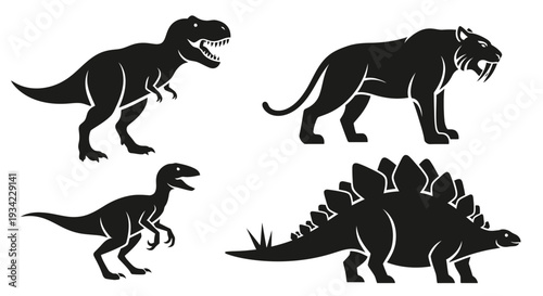 Prehistoric Animals Silhouette Vector Set - Dinosaur and Saber-toothed Tiger Icons