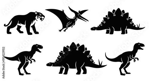 Prehistoric Animals Silhouettes Collection: Dinosaurs, Saber-toothed Tiger, Pterodactyl Icons