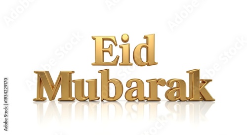 Eid Mubarak greeting with shiny gold letters on white background