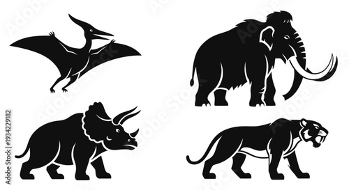 Prehistoric Animals Silhouettes: Dinosaurs, Mammoth, Saber-toothed Tiger Icons