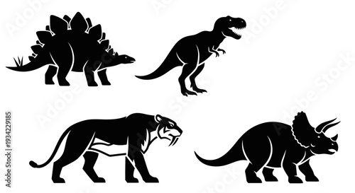 Prehistoric Animals Silhouettes: Dinosaurs and Saber-toothed Tiger Vector Set