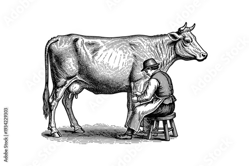 Vintage style engraving of a farmer milking a cow