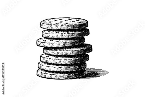 Vintage engraving style stack of biscuits with textured details on white background