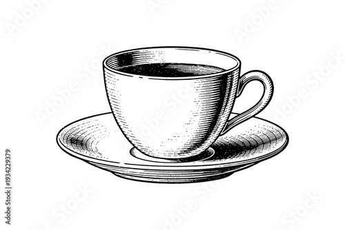 Vintage engraved coffee cup and saucer on white background