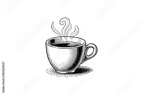 Hand drawn coffee cup with steam in vintage style on white background