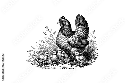 Vintage farm hen with chicks in detailed black and white engraving artwork