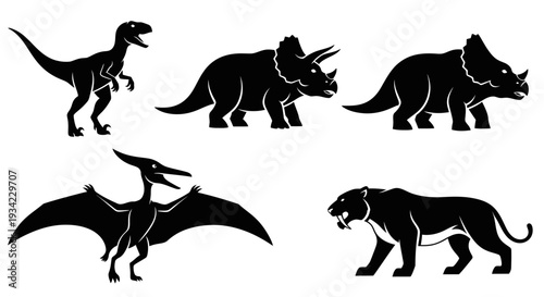 Prehistoric Animals Silhouettes Set: Dinosaurs, Pterodactyl, and Saber-toothed Tiger Collection