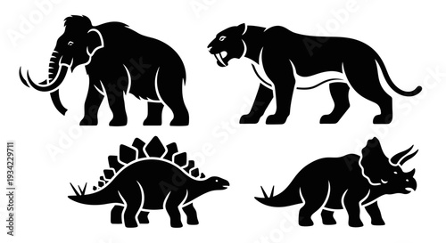 Prehistoric Animals Silhouettes Set: Mammoth, Saber-toothed Tiger, Stegosaurus, and Triceratops