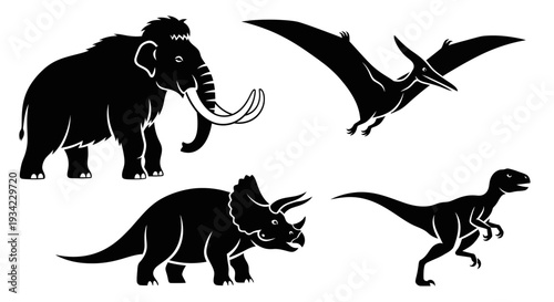 Prehistoric Animals Silhouettes Set: Mammoth, Pterodactyl, Triceratops, and Raptor Icons