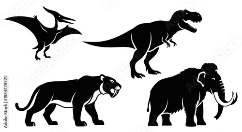 Prehistoric Animals Silhouettes Set: Dinosaurs, Mammoth, and Saber-toothed Tiger