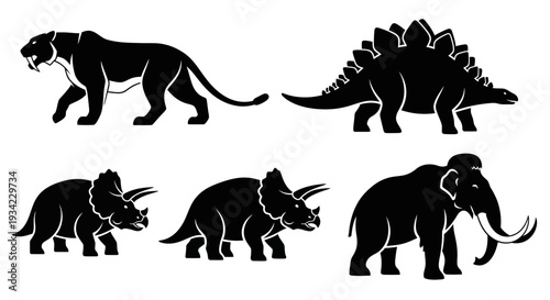 Prehistoric Animals Silhouettes Set: Saber-toothed Tiger, Dinosaurs, and Mammoth