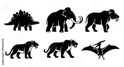 Prehistoric animals silhouettes set: Stegosaurus, Mammoth, Saber-toothed tiger, Pterodactyl icons