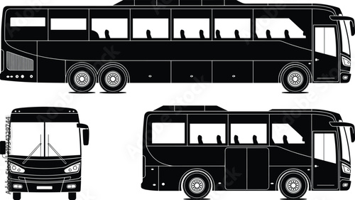 Modern travel coach bus silhouette vector set with side and front views isolated