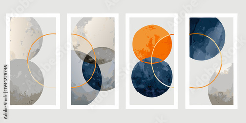 Abstract geometric art featuring overlapping circles in muted color palettes