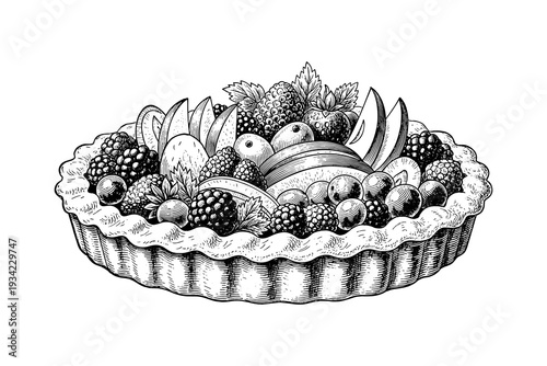 Detailed black and white hand-drawn fruit tart with berries and apples