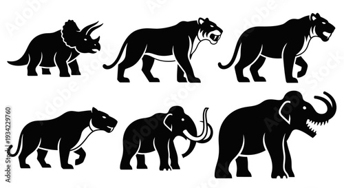 Prehistoric Animals Silhouettes Set. Extinct Mammals and Dinosaurs Vector Icons.