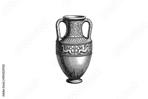 Antique engraved greek amphora with decorative patterns and handles