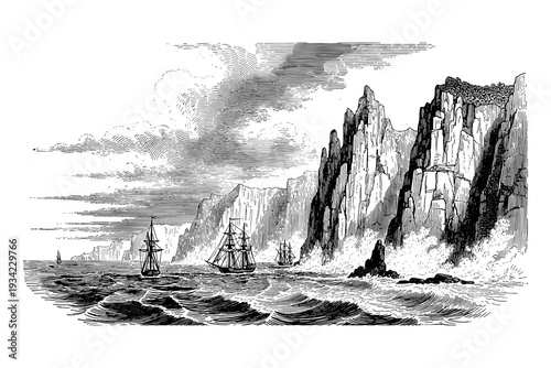 Vintage ships and majestic cliffs engraving with waves and clouds