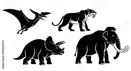 Prehistoric Extinct Animals Silhouettes Set: Dinosaur, Mammoth, Saber-tooth, Pterodactyl