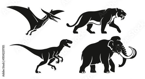 Prehistoric Extinct Animals Silhouettes Set: Dinosaur, Mammoth, Saber-tooth, Pterodactyl