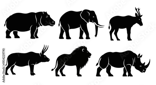 Set of African Safari Wild Animals Silhouettes Isolated on White