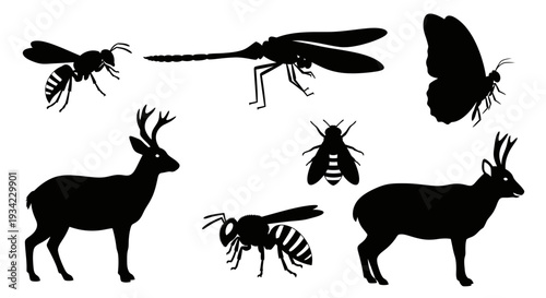 Wildlife and Insect Silhouettes Collection: Deer, Butterfly, Dragonfly, and Bees
