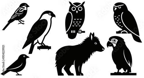 Wildlife Silhouettes Collection: Birds, Owl, Wolf, and Parrot Vector Icons
