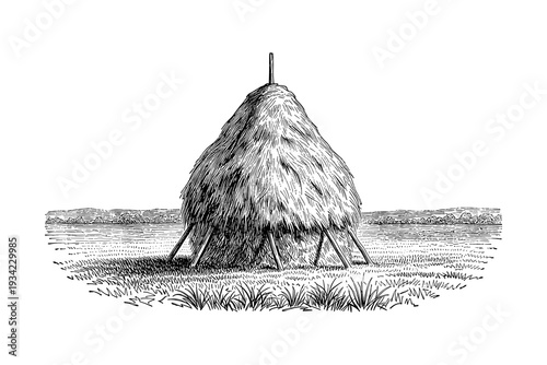 Classic haystack in rural field: detailed black and white sketch