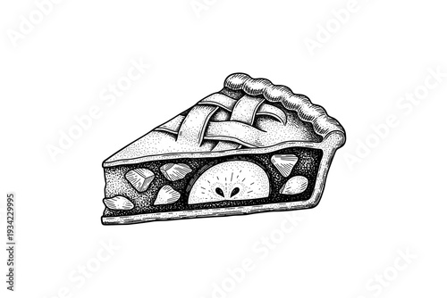 Hand-drawn slice of apple pie with lattice crust in vintage style