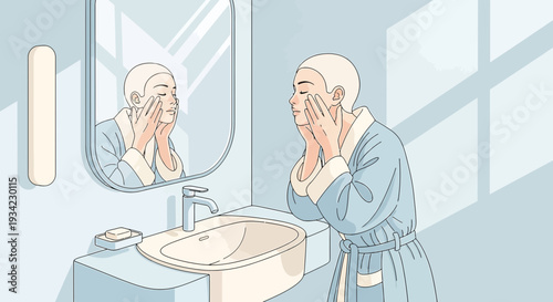 Woman applying face cream in bathroom mirror, skincare routine, self care morning.
