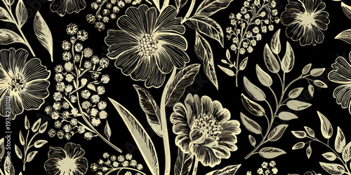 Elegant floral pattern with sketched blooms and delicate foliage on black