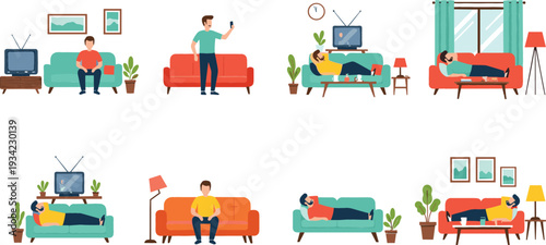People Relaxing at Home Illustration Set with Watching TV, Sleeping on Sofa and Living Room Interior Scenes