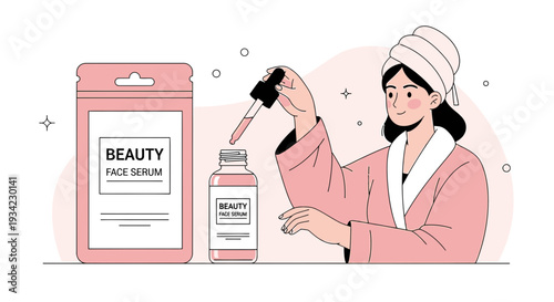 Woman applying face serum from cosmetic bottle, beauty product packaging