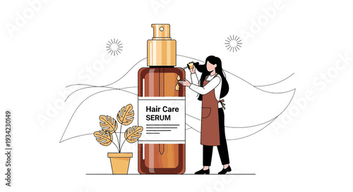 Woman Applying Hair Serum from Large Bottle with Plant and Abstract Background