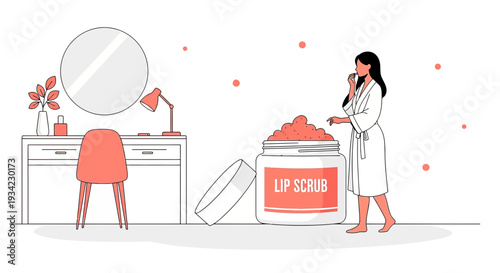 Woman applying lip scrub at vanity table, beauty routine, skincare, self care concept