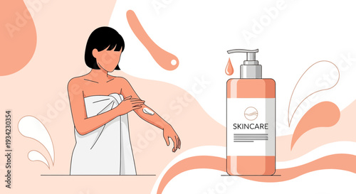 Woman applying skincare lotion, beauty product bottle, self-care concept