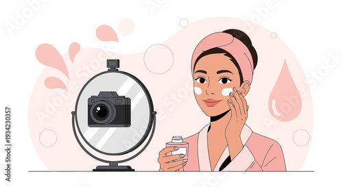 Woman Applying Skincare Cream in Front of Mirror with Camera Reflection
